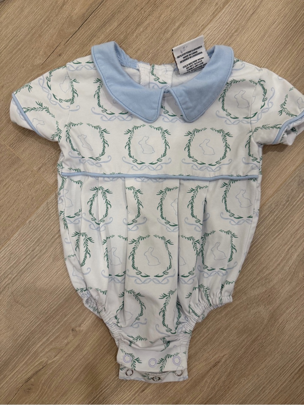 Peter Pan Collar Baby One-Piece in Light Blue and White with Green Wreath Print